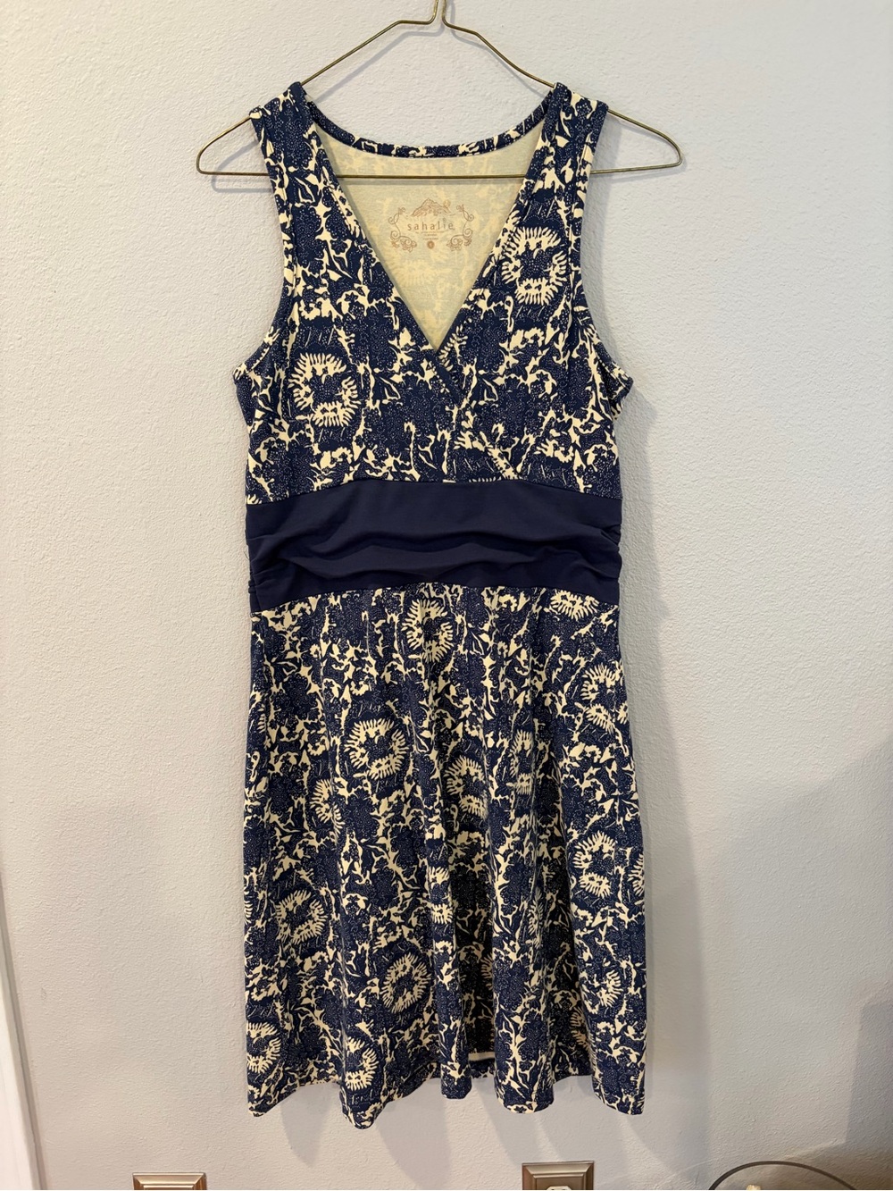 Sleeveless Navy and Cream Patterned dress by Sahalie